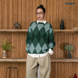 APOGE3阿保机 菱形格圆领毛衣男冬季潮牌宽松格子针织衫刺绣情侣