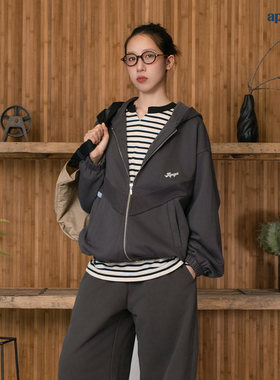 APOGE3阿保机【双轨拼接】美式短款连帽卫衣男宽松休闲情侣外套