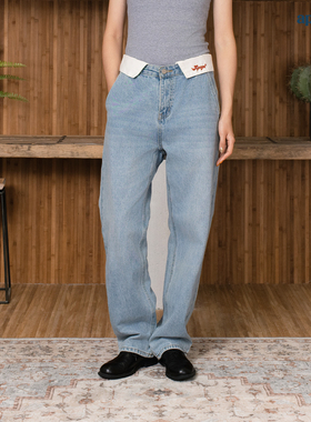 APOGE3阿保机 设计感翻边牛仔裤男日系潮牌宽松休闲长裤美式水洗