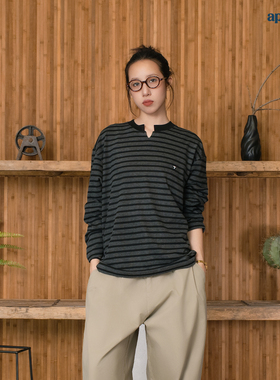 APOGE3 阿保机 美式复古条纹长袖T恤男打底上衣情侣宽松设计感