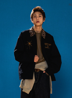 APOGE3阿保机豹纹领工装夹克男宽松刺绣潮牌夹棉美式外套情侣棉衣