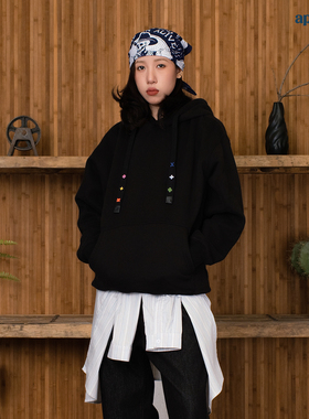 APOGE3阿保机 秋冬彩条月亮花卫衣女男宽松加绒纯棉潮牌连帽情侣