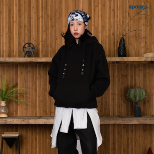 APOGE3阿保机 秋冬彩条月亮花卫衣女男宽松加绒纯棉潮牌连帽情侣