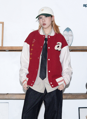 APOGE3阿保机秋冬画报女郎复古外套男拼接情侣装棒球服刺绣潮牌女