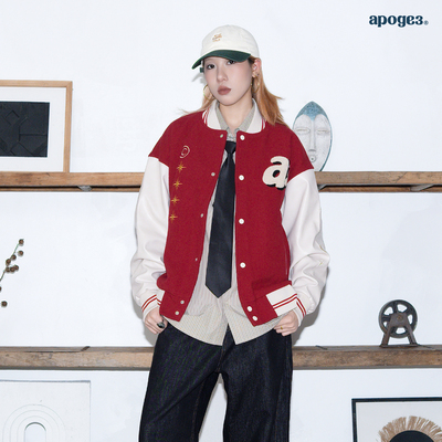 APOGE3阿保机秋冬画报女郎复古外套男拼接情侣装棒球服刺绣潮牌女