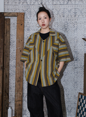 APOGE3阿保机 夏季设计师潮牌短袖衬衫男美式复古女拼色休闲宽松