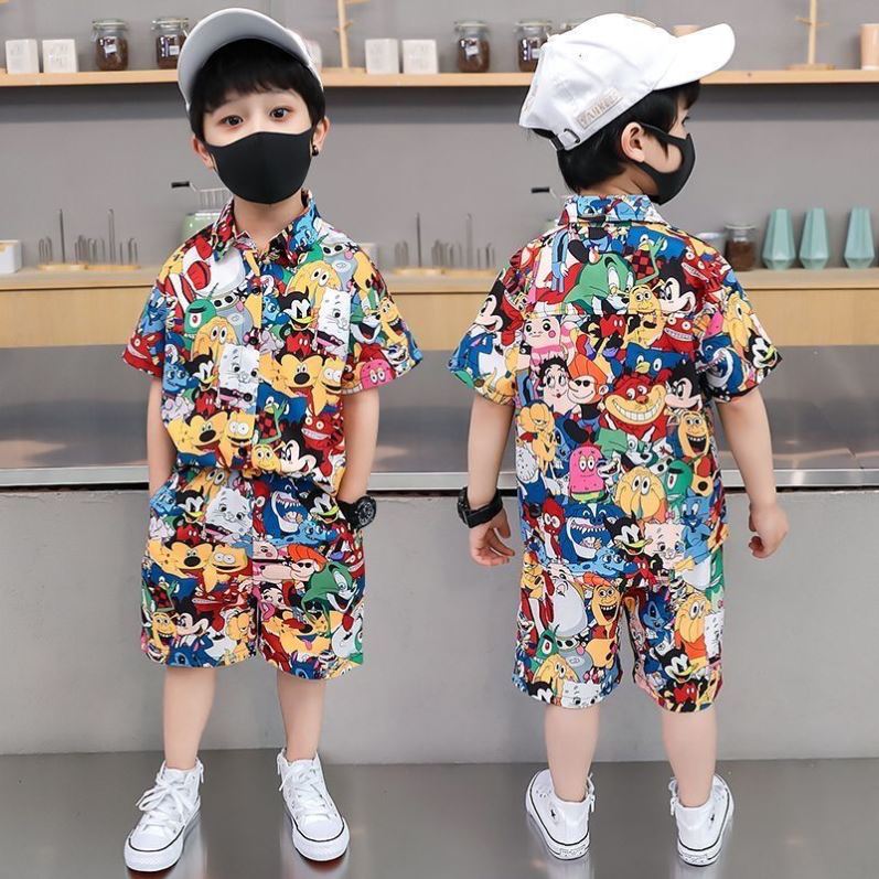 冰丝短裤一整套男童夏季薄款宽松短袖碎花衬衫夏威夷儿童沙滩套装