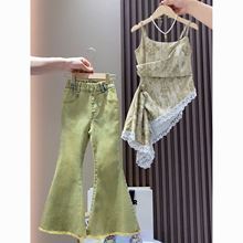 女童夏装套装2025新款中大童洋气吊带裙牛仔喇叭裤女童时髦两件套