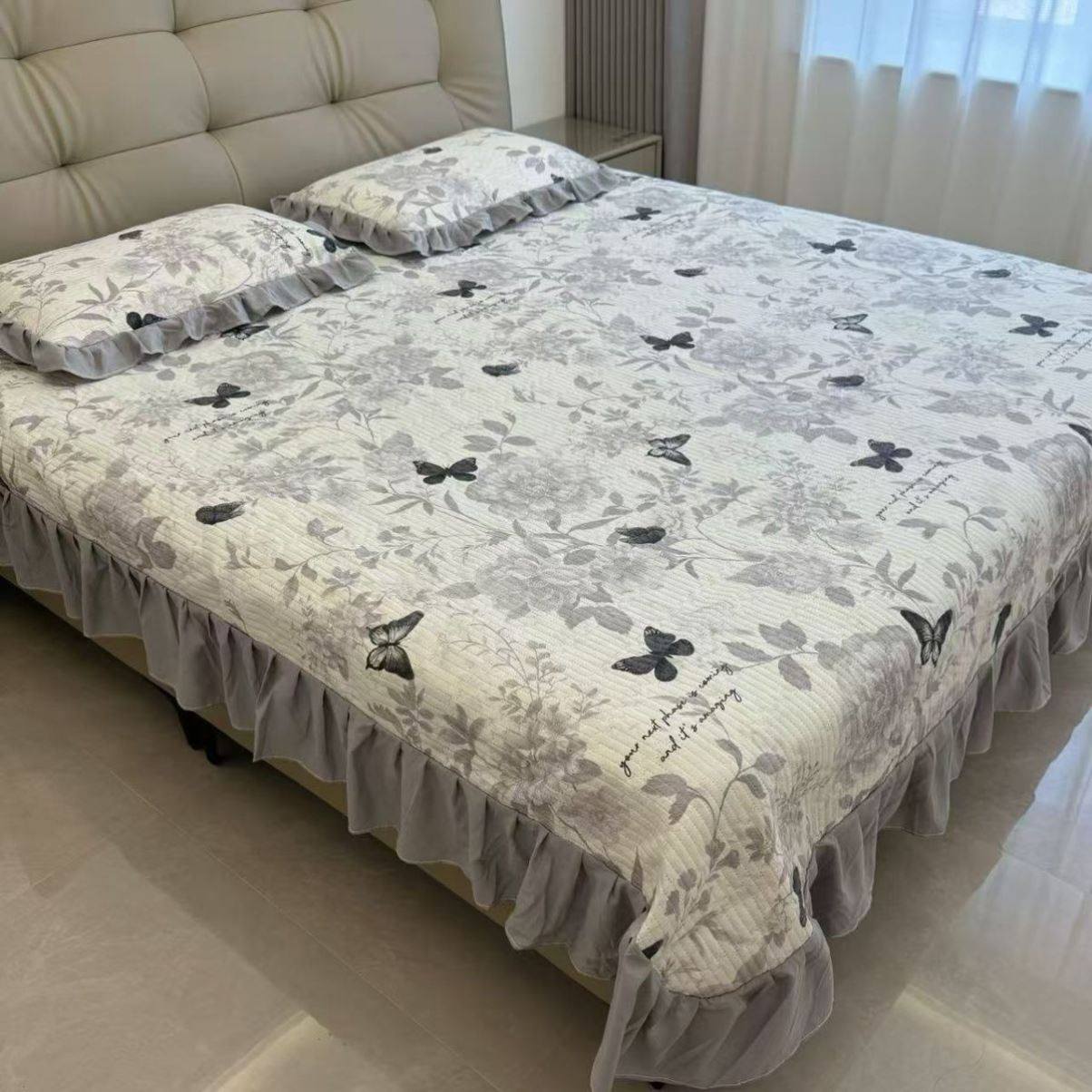 四季水洗床盖枕套夹棉花边三件套通用床裙柔软双面可机洗赫本风情