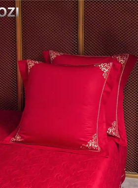 大红色纯棉靠垫枕套 刺绣抱枕一对45*45CM结婚床上用品婚庆60*60