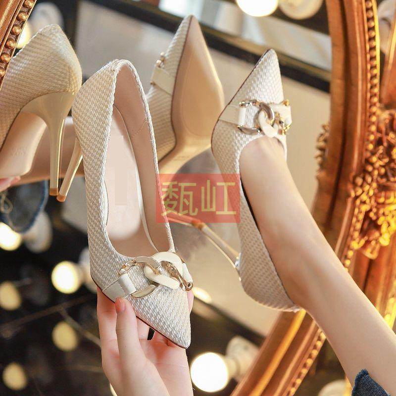 浅色高跟鞋拍婚纱照裸色婚鞋单鞋细跟鞋尖头鞋伴娘鞋百搭女鞋浅口