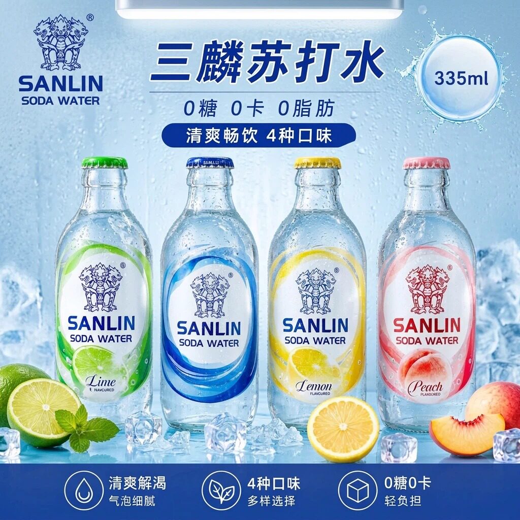 三麟无糖0卡0脂玻璃瓶苏打气泡水图片