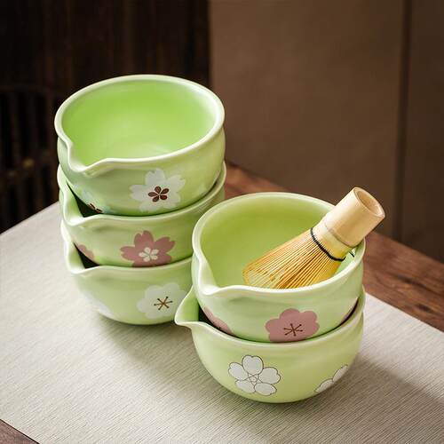 跨境日式抹茶碗带嘴花卉图案百本立创意陶瓷抹茶茶具竹子茶刷宋代