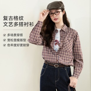 【贝贝&lagogo】LAGOGO港风复古红格纹长袖衬衫女宽松文艺薄外套