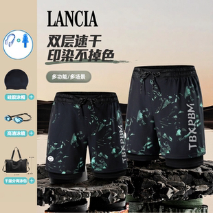 专业游泳装 双层速干泳裤 备沙滩裤 训练短裤 LANCIA 印花平角裤 男士