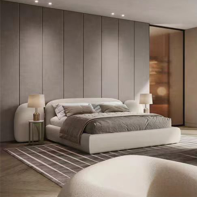 现代奶油风鹅卵石VAO大床极简设计师大床羊羔绒卧室床软包大床