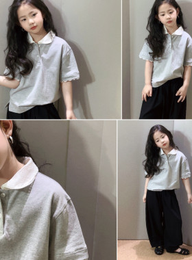 女童洋气学院风拼接蕾丝polo衫