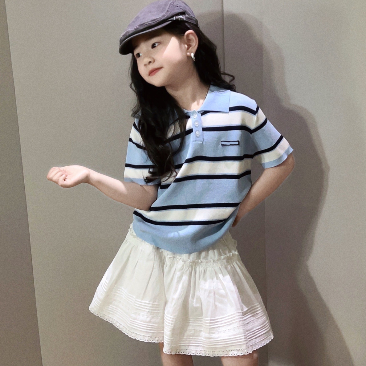美妞之城 女童气质条纹polo短袖上衣2026夏季机关报款童装 冰爽感