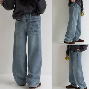 女童加绒牛仔直筒裤中大童裤子冬季新款童装 口袋细节好看的