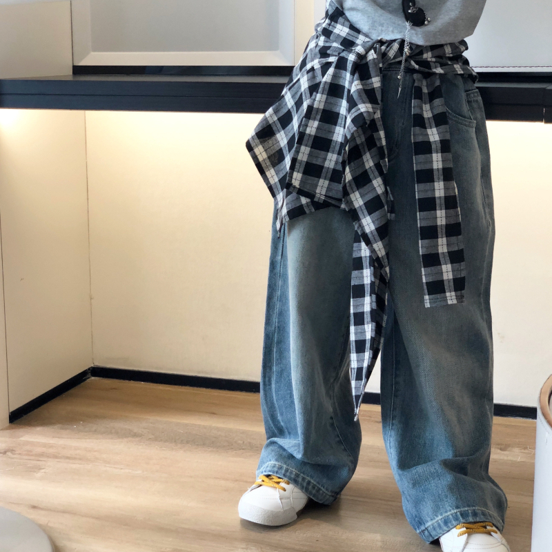 洋气带屁帘女童直筒牛仔长裤