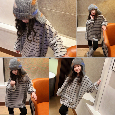 女童加绒宽松版条纹打底衫