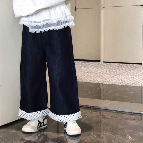 女童洋气波点翻边牛仔裤