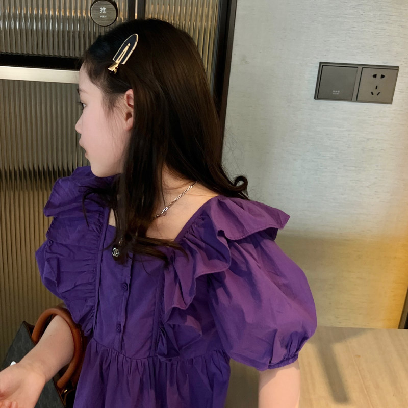 女童连衣裙夏季新款童装中大童韩版小女孩裙子 荷叶袖紫色娃娃裙