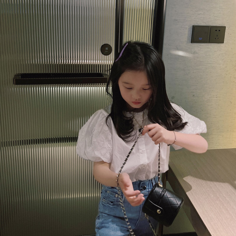 女童短袖白色衬衫夏季新款童装中大童洋气上衣洋气水溶花泡泡袖
