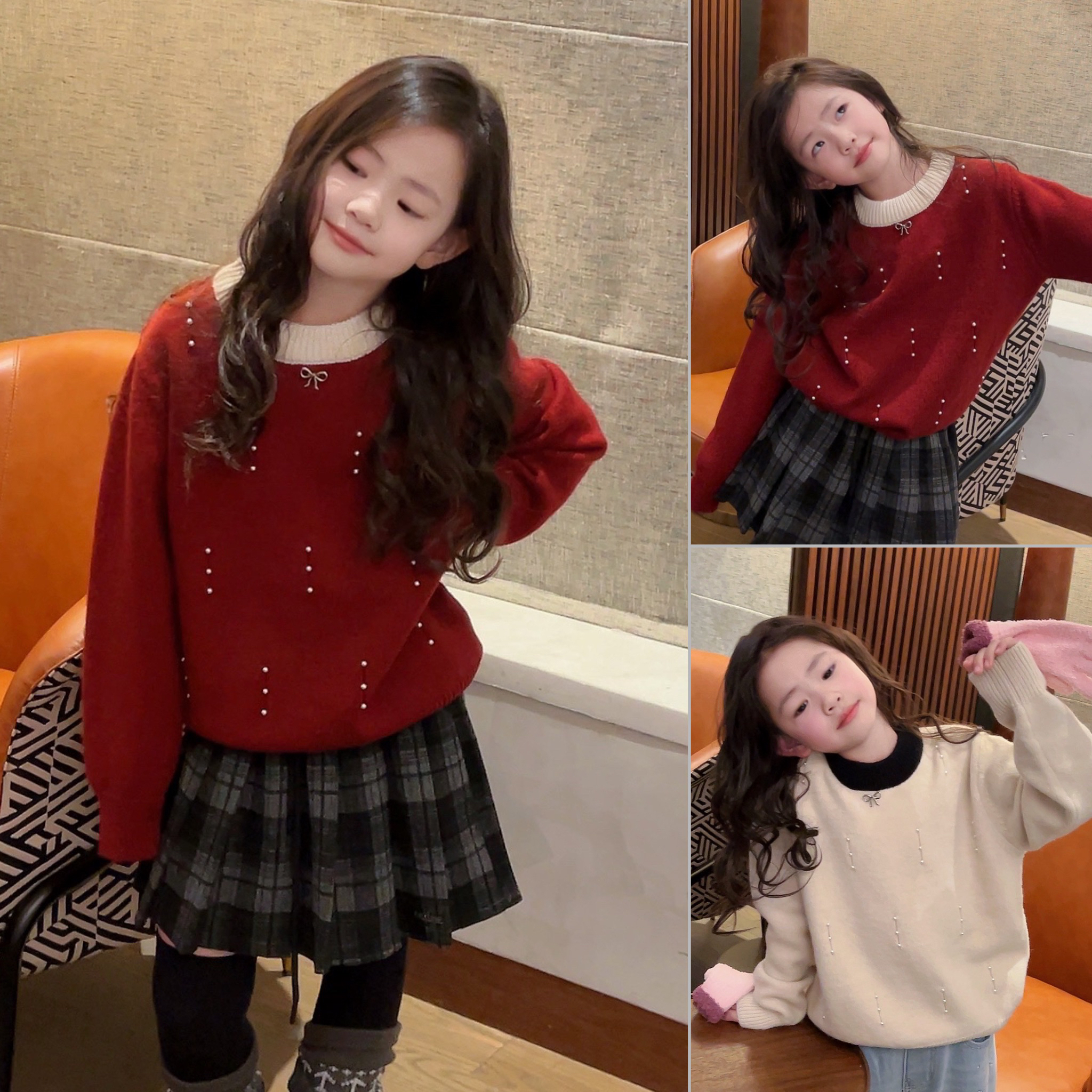 女童气质加厚红色毛衣打底针织衫