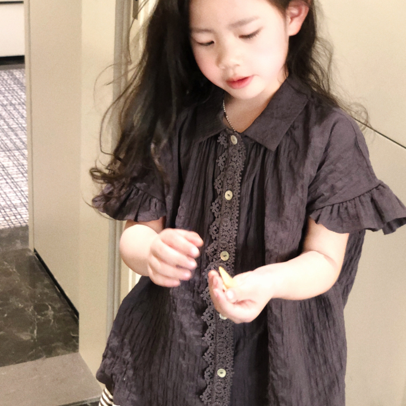 美妞之城女童花边短袖衬衫+条纹裙裤洋气小女孩衣服2025夏季新款
