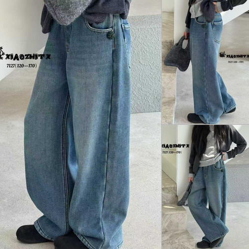 女童冬季新款加绒一体绒 直筒版牛仔裤