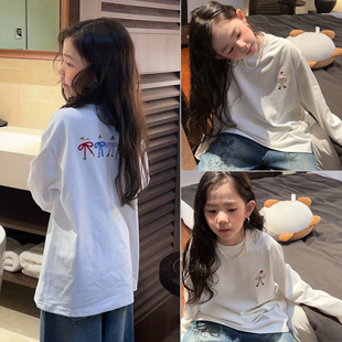 美妞之城 女童洋气秋季新款韩版百搭长袖T恤中大童上衣 刺绣重工