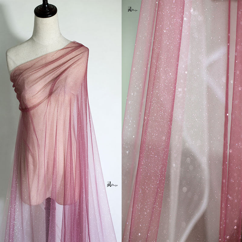 晚霞酒红色 渐变星辰撒银弹力网纱服装设计师面料 连衣裙diy布料