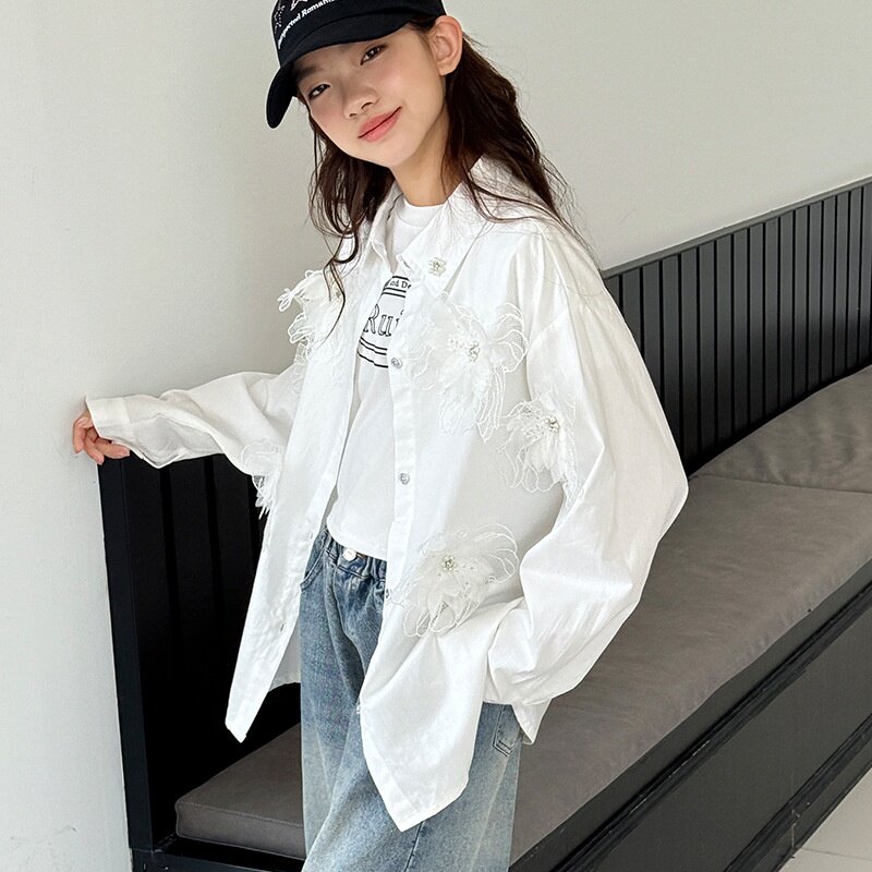 女童秋装衬衫2026新款儿童立体花朵气质上衣大童秋白色长袖衬衣