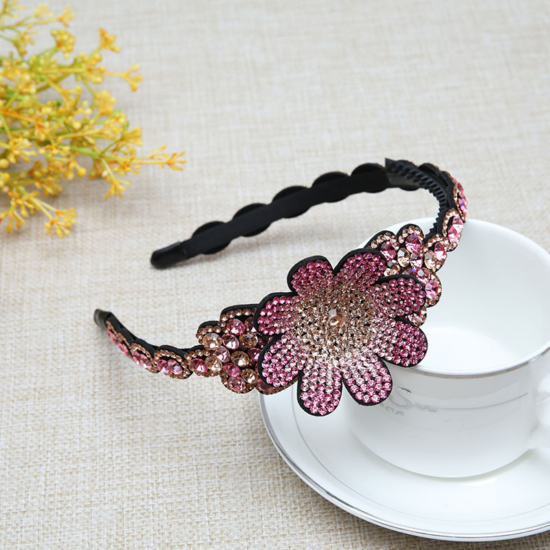 新女韩版细边防滑带齿水钻大花朵复古优雅发箍灰蓝紫香槟咖玫红色