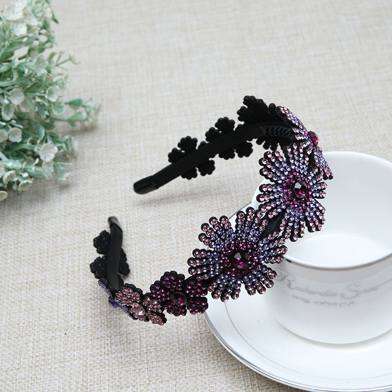 新女韩版细边防滑带齿水钻大花朵复古优雅发箍湖蓝深紫罗兰灰蓝色