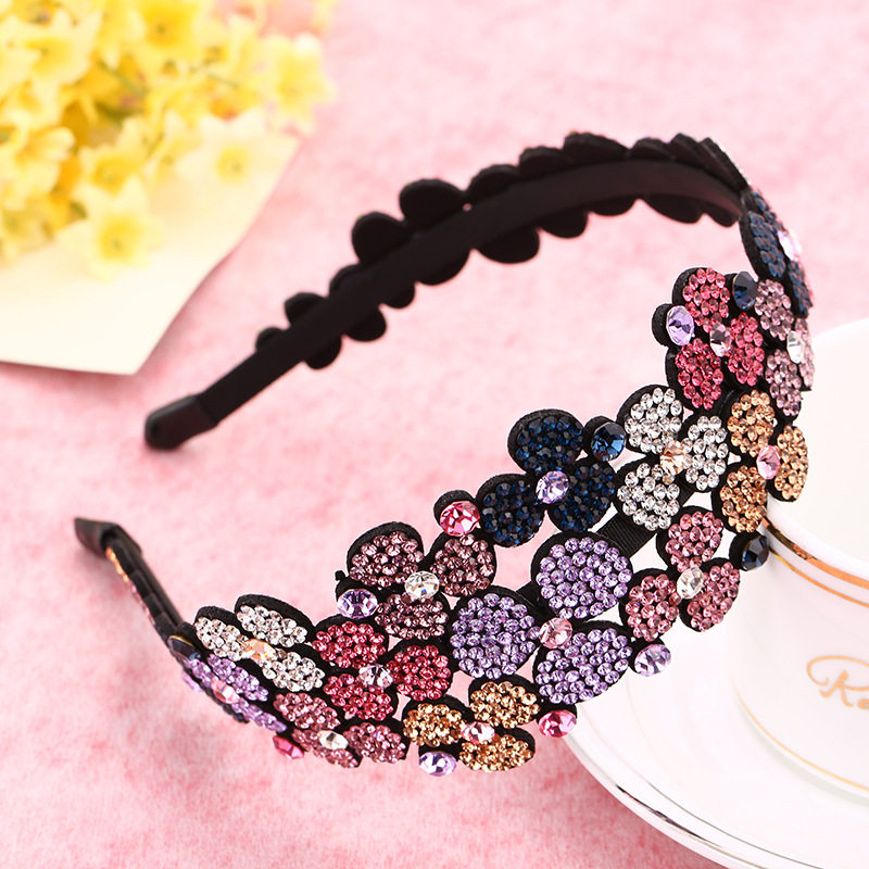 新女成人韩国带齿水钻复古优雅大花朵发箍头箍灰蓝深粉彩紫罗兰色