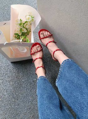 【benefafan】红色中跟凉鞋真皮底一字带露趾凉鞋夏季里外全皮