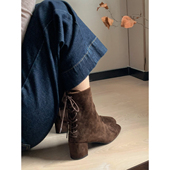 后绑带羊反绒皮短靴里外全皮中跟靴子 benefanfan