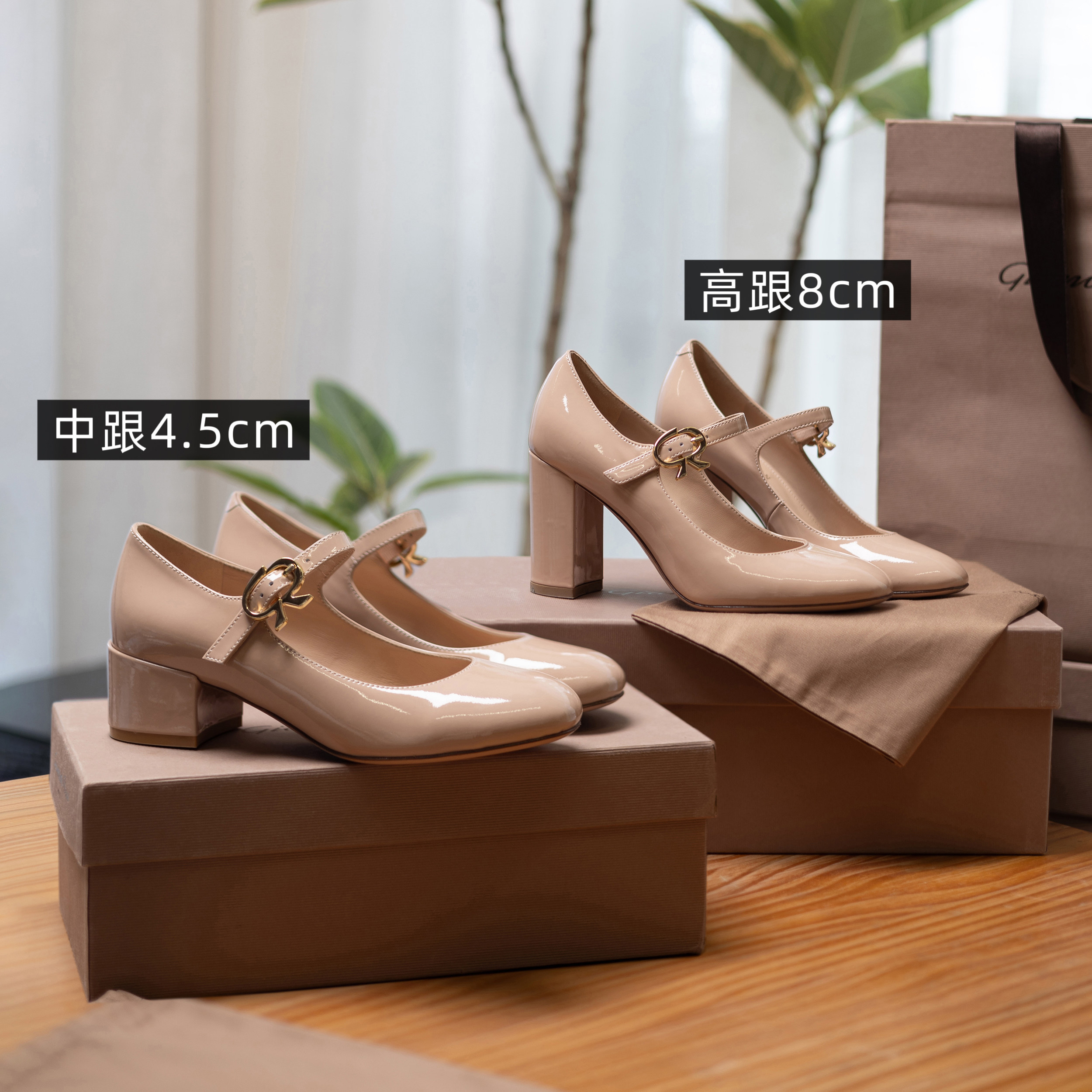 【benefanfan】买版开发气质高跟中跟一字带裸色玛丽珍真皮鞋底