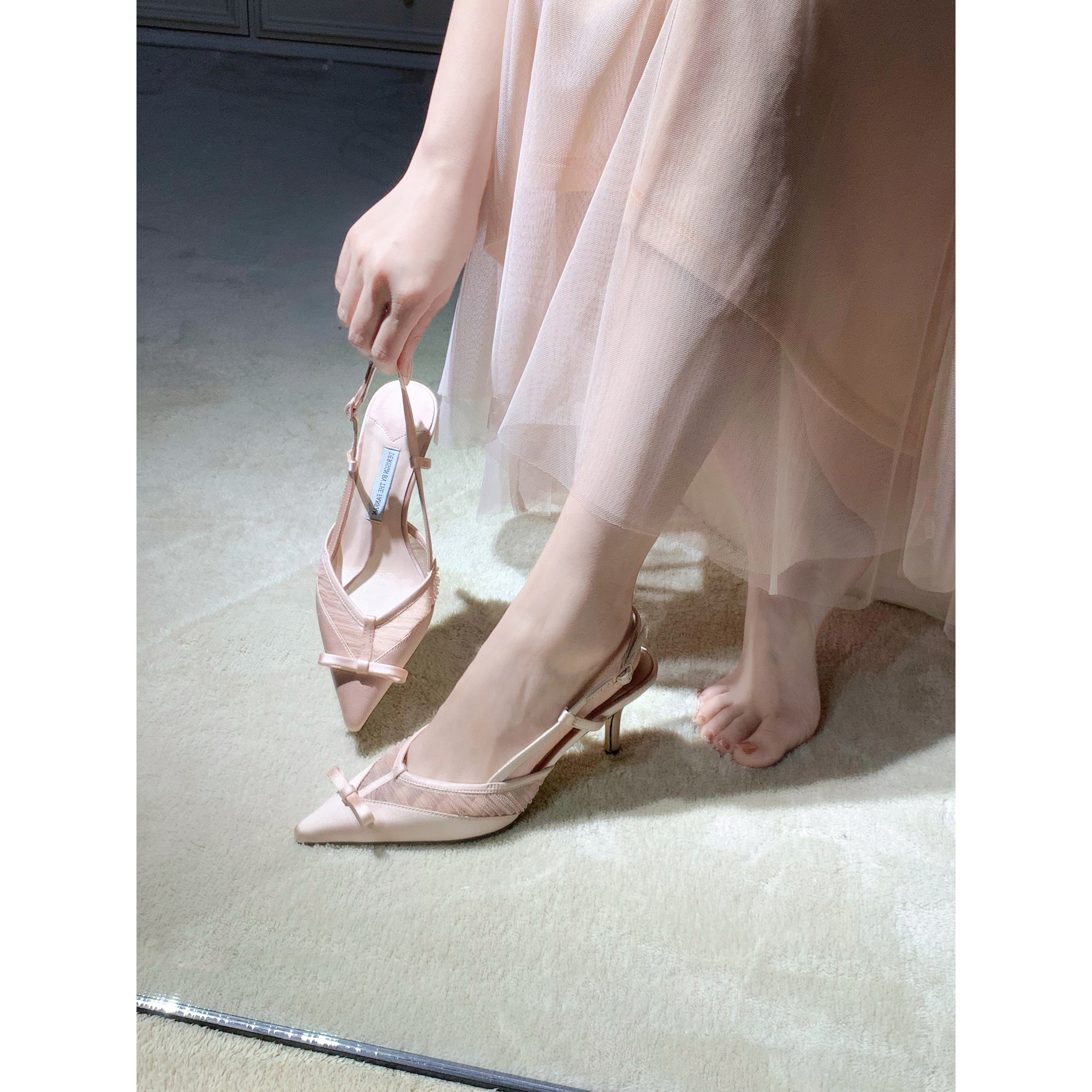 【benefanfan】绸缎蝴蝶结小方头后空高跟鞋真皮鞋底包头凉鞋