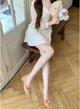 【benefanfan】很美的裸色蝴蝶结中跟浅口气质真皮大底粗跟单鞋