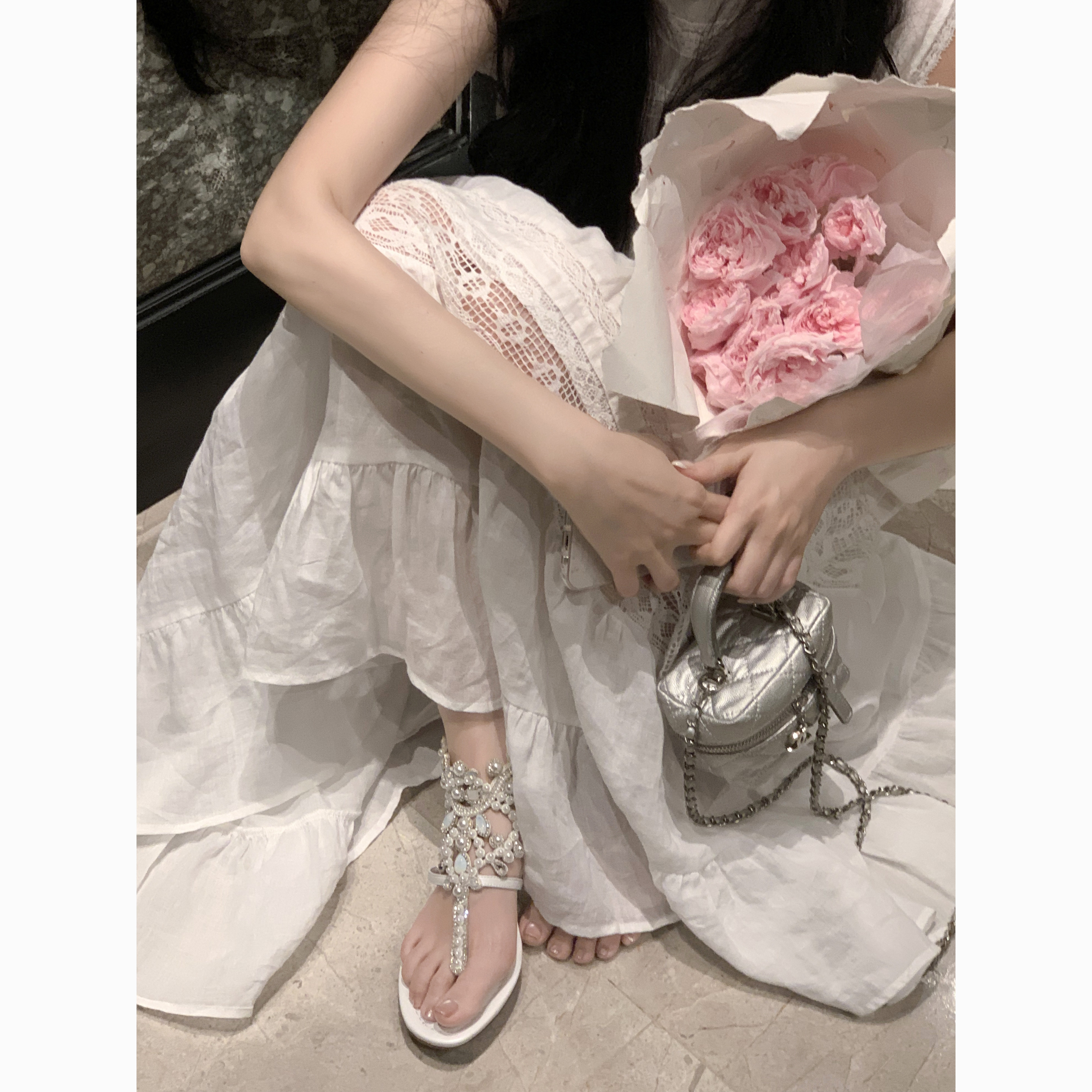 【benefanfan】高定系列重工欧泊水晶鞋仙女夹趾凉鞋闪闪真皮鞋底