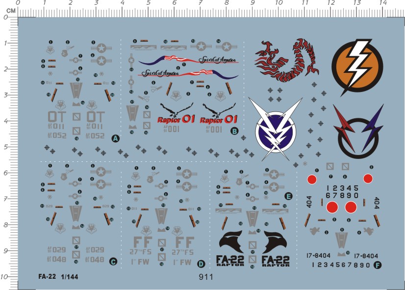 1/144 FA 22 RAPTOR 猛禽各种涂装模型飞机水贴 911-2314