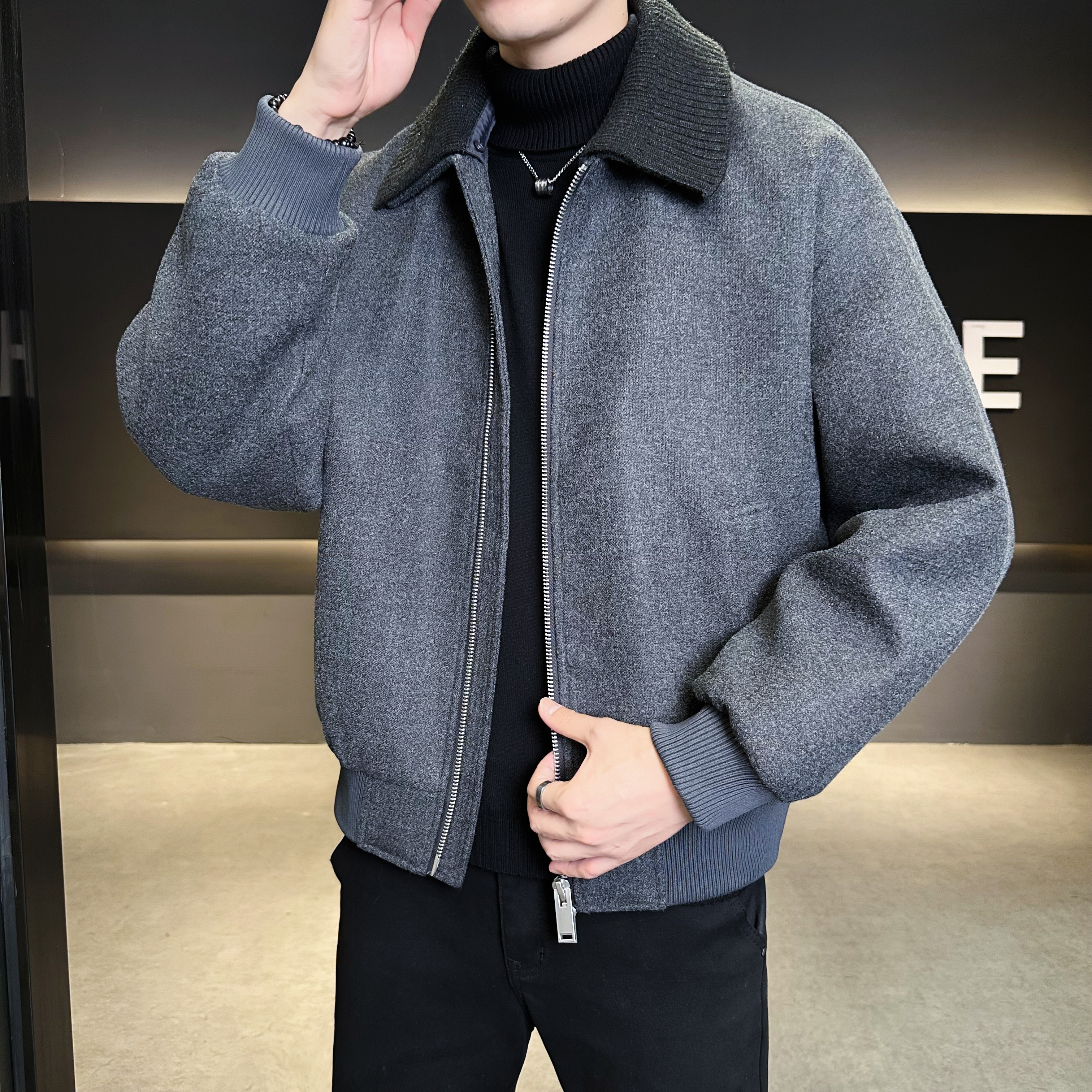 可脱卸毛线领呢子螺纹短款夹克羽绒服QT6016-25320P350控699，男装夹克，电商D203(原钱塘6011)