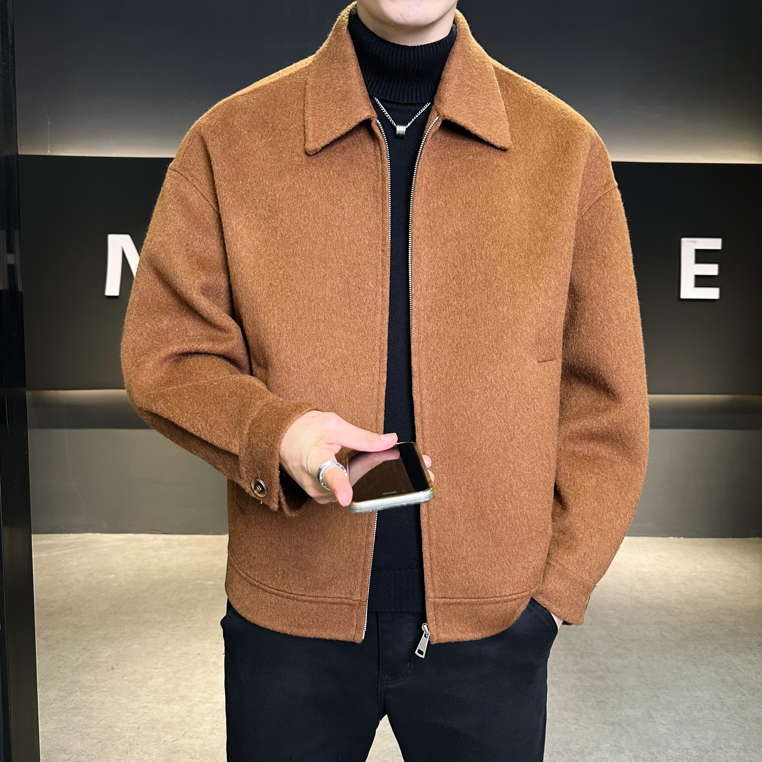 焦糖色韩版拉链款休闲毛呢夹克羊毛外套钱塘6016D-5820P298控489，男装夹克，电商D203(原钱塘6011)