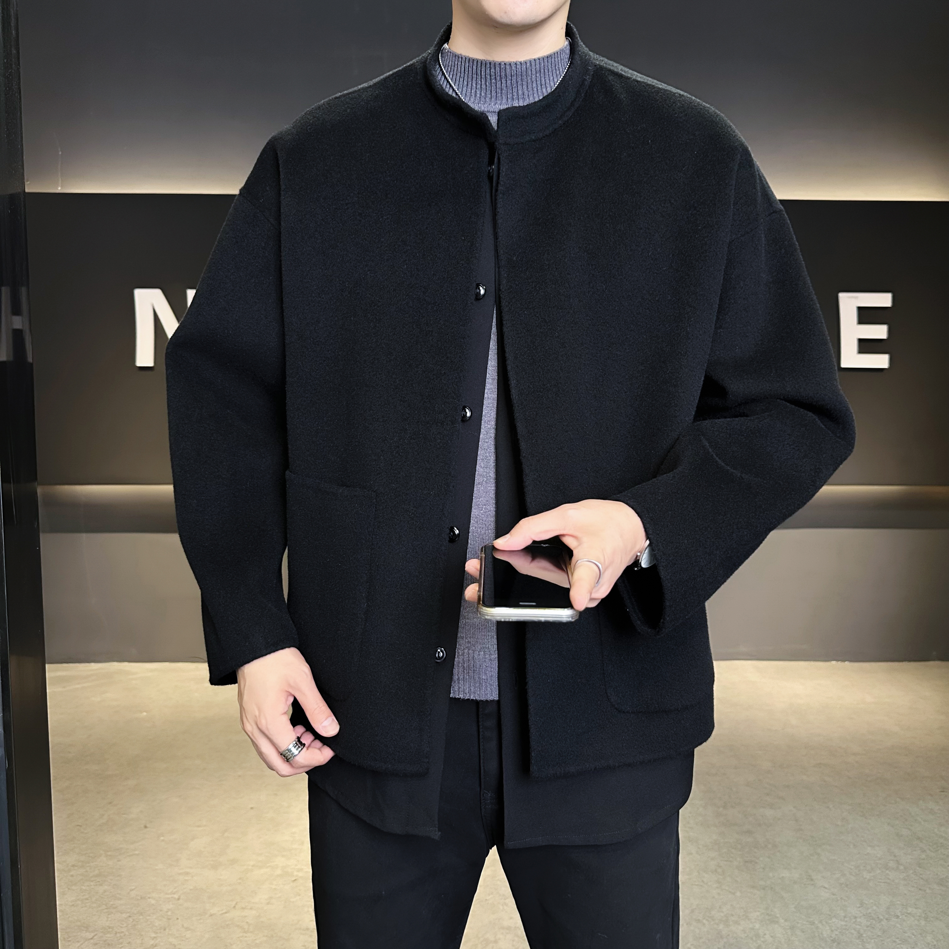 假两件新中式全羊毛大衣呢子无领风衬衫式外套D203-5050P398，男装衬衫，电商D203(原钱塘6011)