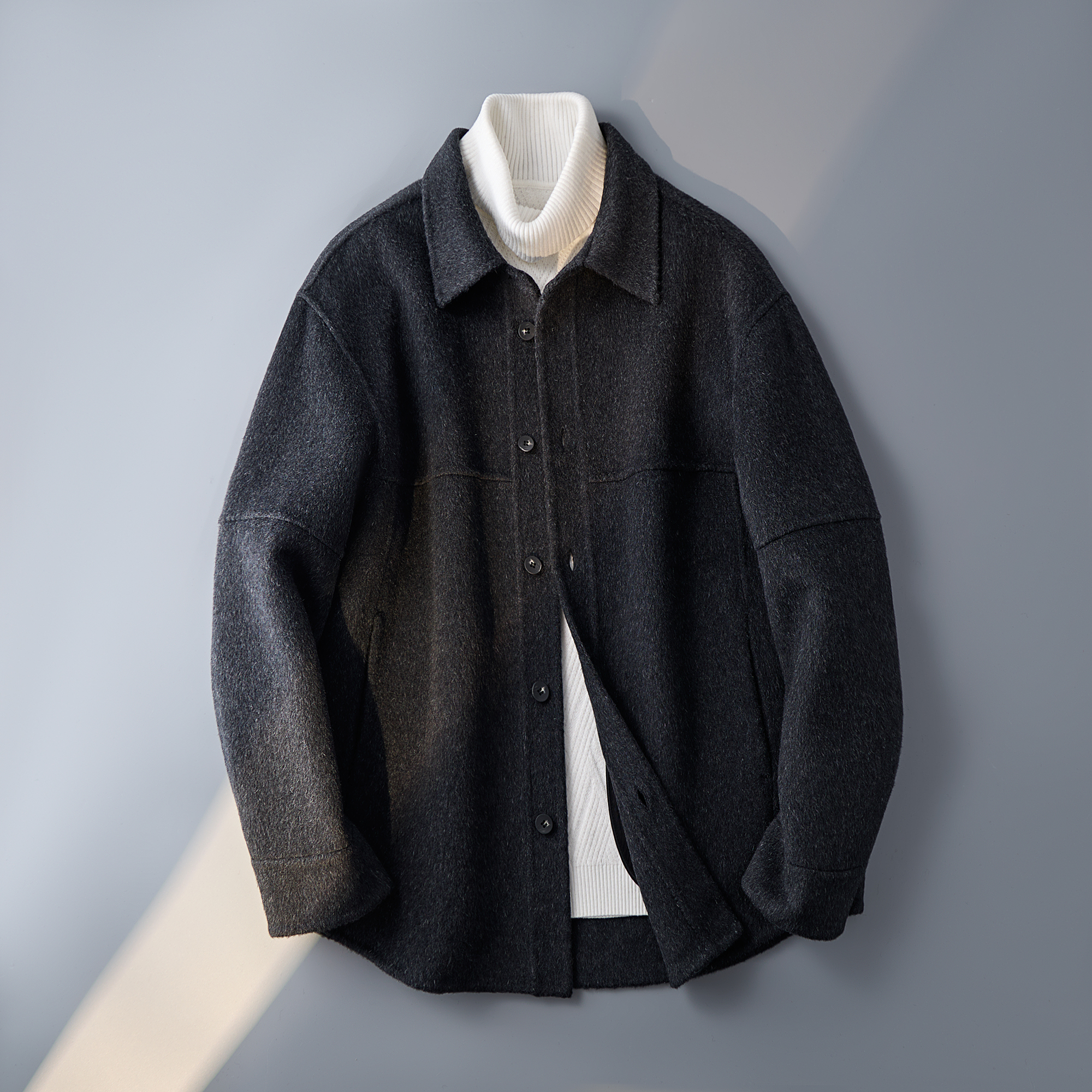 韩版翻领衬衫羊毛外套毛呢秋冬夹克呢子大衣深灰色6016-8442P348，男装夹克，电商D203(原钱塘6011)
