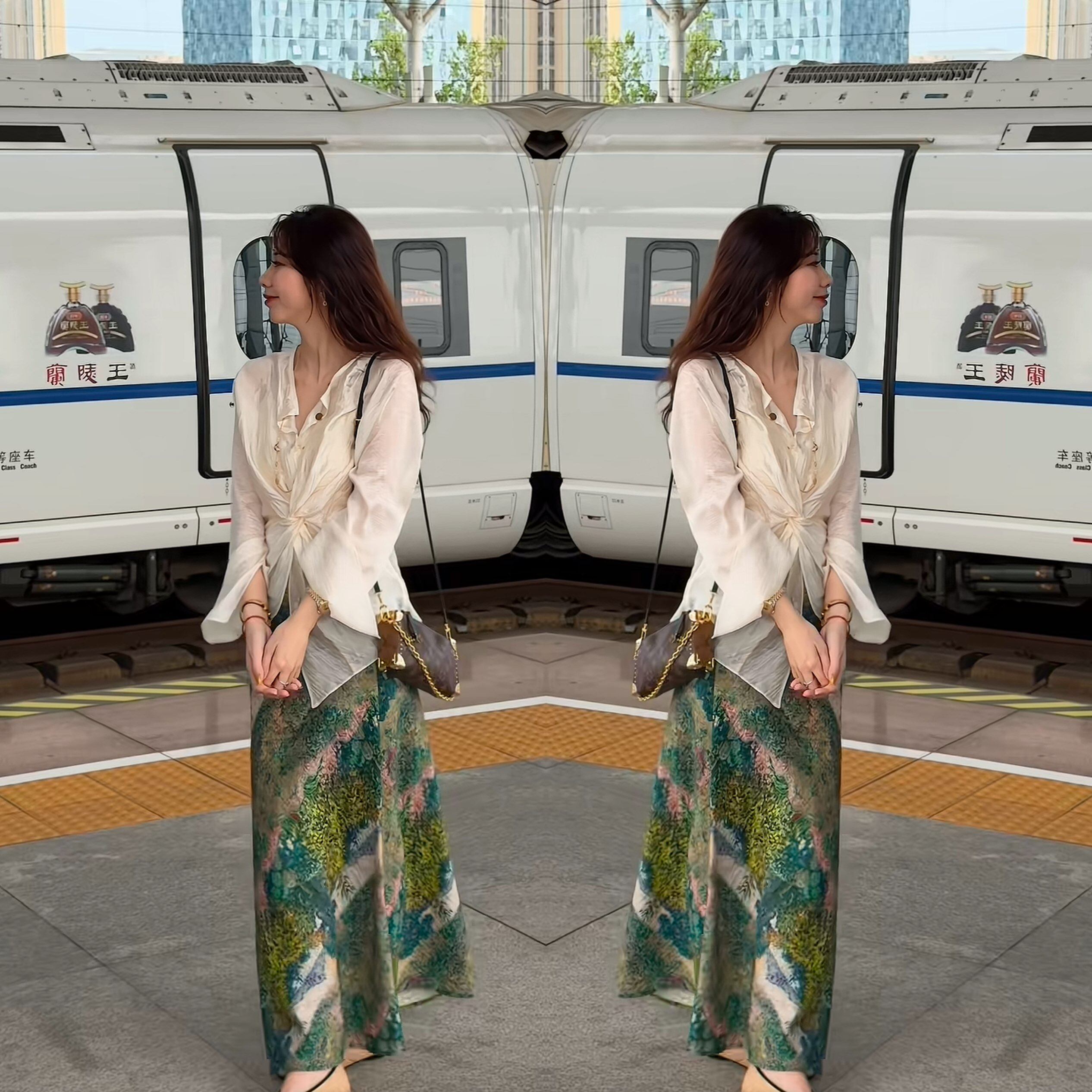 网红爆款时尚洋气清新减龄夏季女神范衬衫上衣搭配印花半身裙穿搭