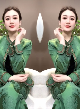 2025冬季绿色清新新中式刺绣盘扣提花短款洋气外套搭配高腰直筒裤